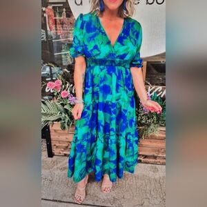 Boutique Green and Blue Ruffled Tie Front Maxi Dress